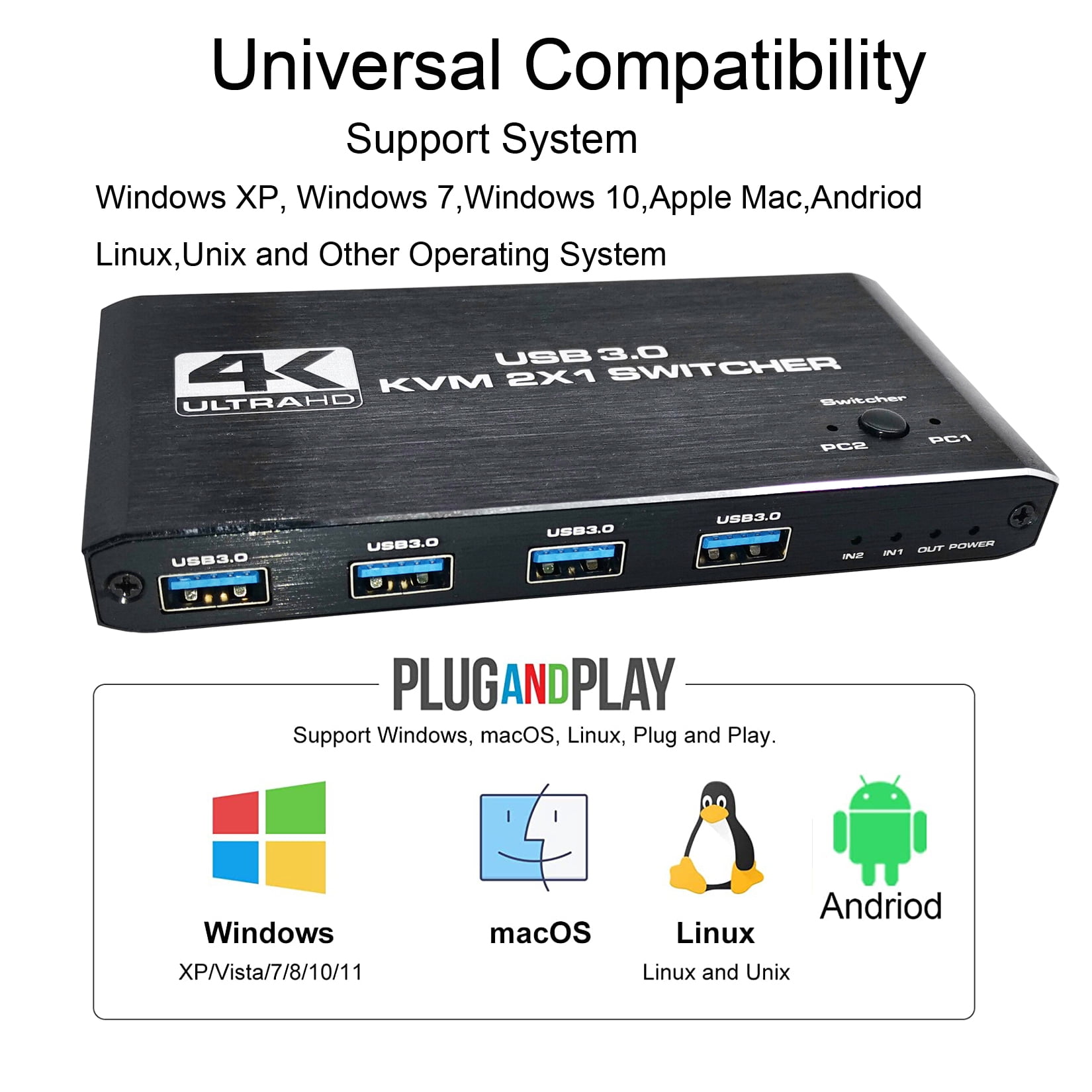 HDMI KVM Switch 4K@60HZ USB 3.0 Switch HDMI 2 in 1 Out KVM Switch Box Keyboard Mouse Printer Switcher,HDMI2.0 Ports + 4X USB KVM Ports,KVM Switch 2 Computers 1 Monitor with 2 USB Cables Support 4K@60H