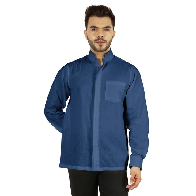 Bestman Chemise Unie à Manches Longues pour Hommes, Col Chinois, Patte de Boutonnage Double devant