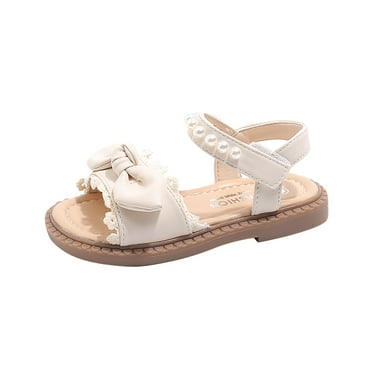 Otqutp Beach Sandals for Kids Toddler Girls Fashion Summer Bow Pearl Soft Sole Flat Shoes Non-Slip Soft Rubber Sole Open Toe Outdoor Shoes
