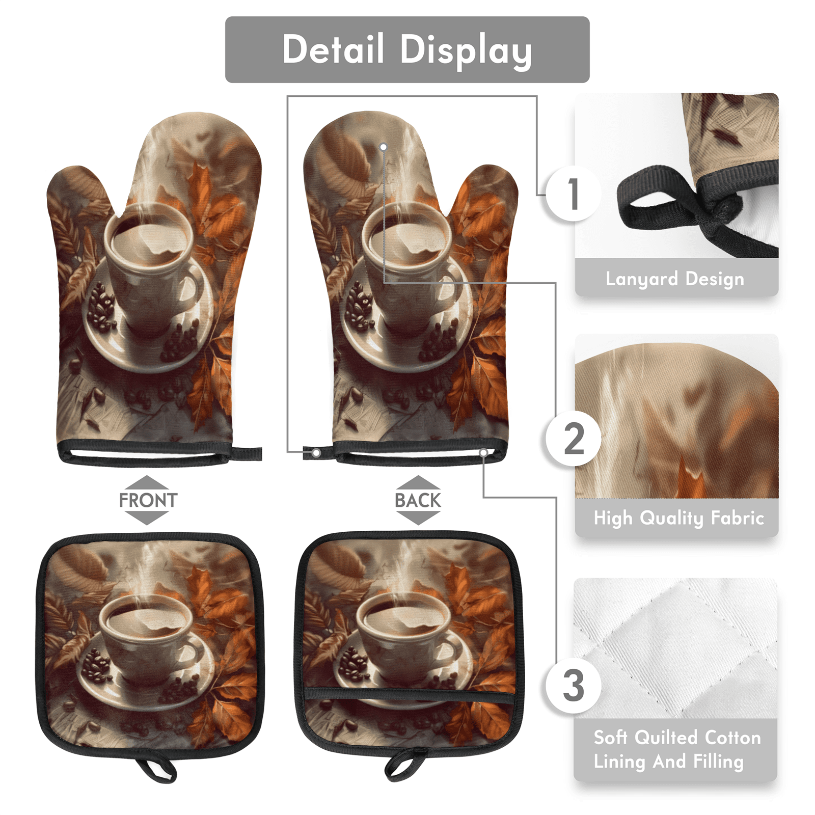 CURLYOOT Coffee Themed Oven Mitts and Pot Holders Sets of 2, Non-Slip Washable Hot Pads and Oven Gloves for Kitchen Cooking Baking