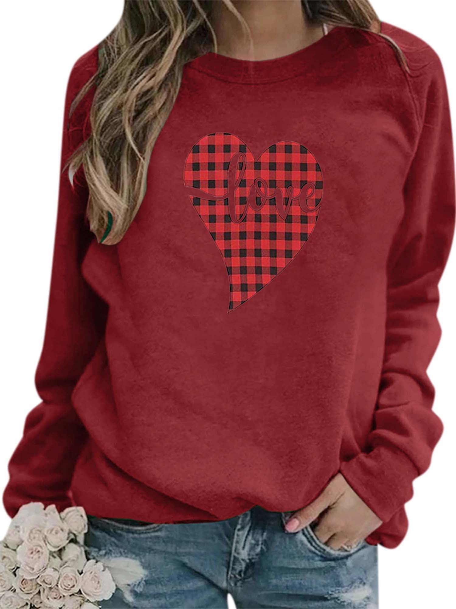 Valentines Day Hearts Tee Shirt Womens Loose Casual Blouses Top Long Sleeve O Neck Pullovers Sweatshirts Sweater Tops 