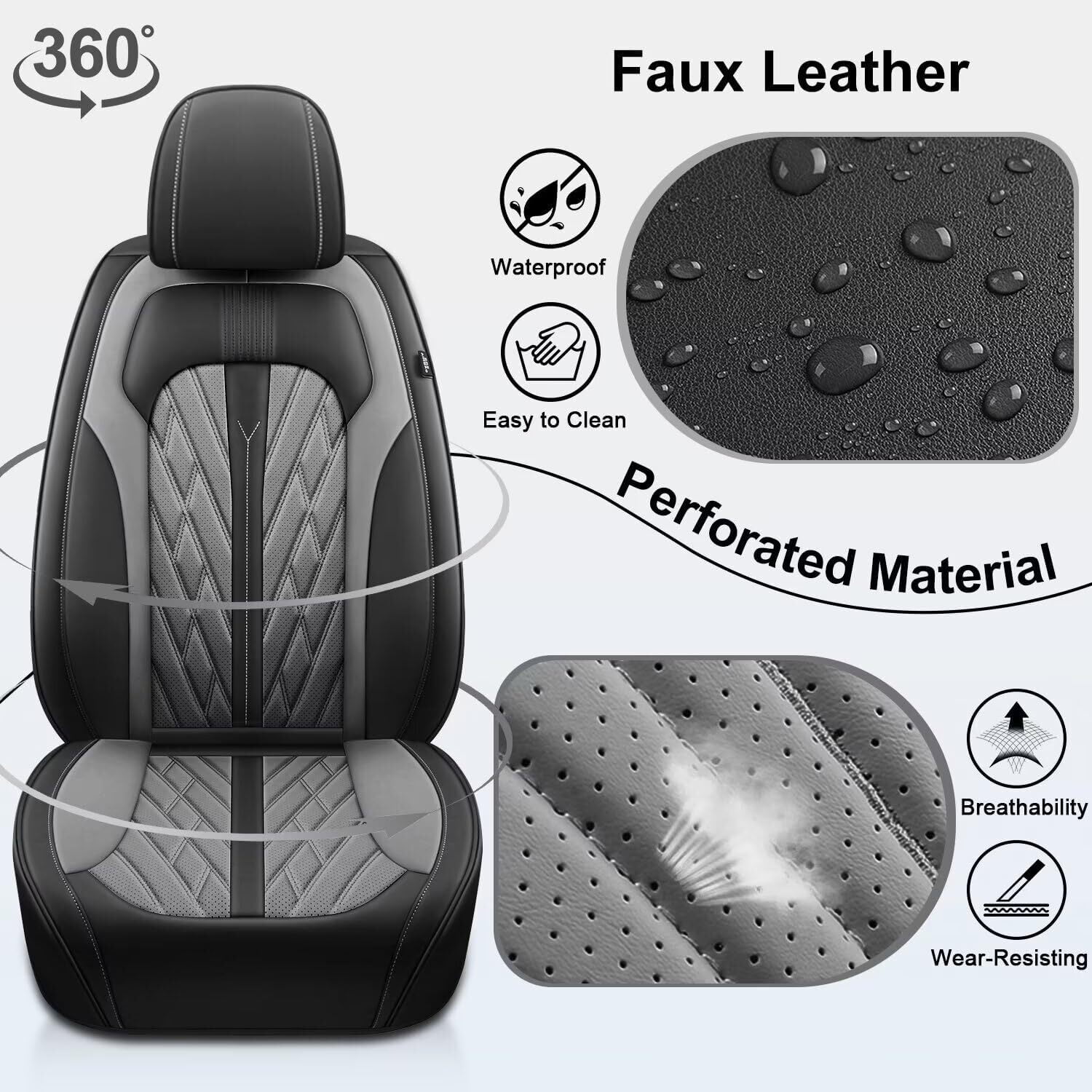 IKABEVEM Seat Covers Custom Fit for Ford F150 2009-2024 2025 - F250/F350/F450 2017-2024 Perforated Leather Truck 5 Seat Covers Full Set (Black&Grey)