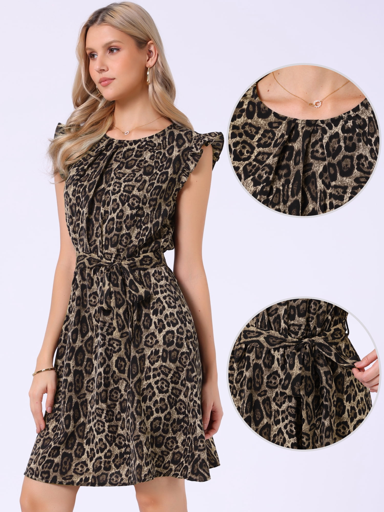 DARING DIVA Women's Leopard Ruffled Sleeve Flowy Belted A-Line Round Neck Dress XS Brown