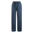 thumbnail image 4 of QLEICOM Womens Slacks Women's Relaxed Fit Straight Leg Pants Solid Cotton Linen Drawstring Elastic Waist Long Wide Leg Pants Work Cargo Casual Pants Wide Leg Pants Relaxed Fit Trousers Navy S, 4 of 5