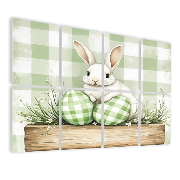 Bunny 8 Pack Art Acoustic Panels Sound Absorbing Bunny Green Gingham Easter Eggs Decorative Soundproof Wall Panels Self Adhesive for Nursery Game Room Girls Bedroom 48"x32"