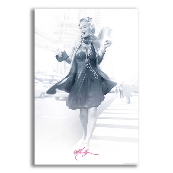 Epic Art 'Marilyn In The City Pink' by JJ Brando, Acrylic Glass Wall Art, 16"x24"