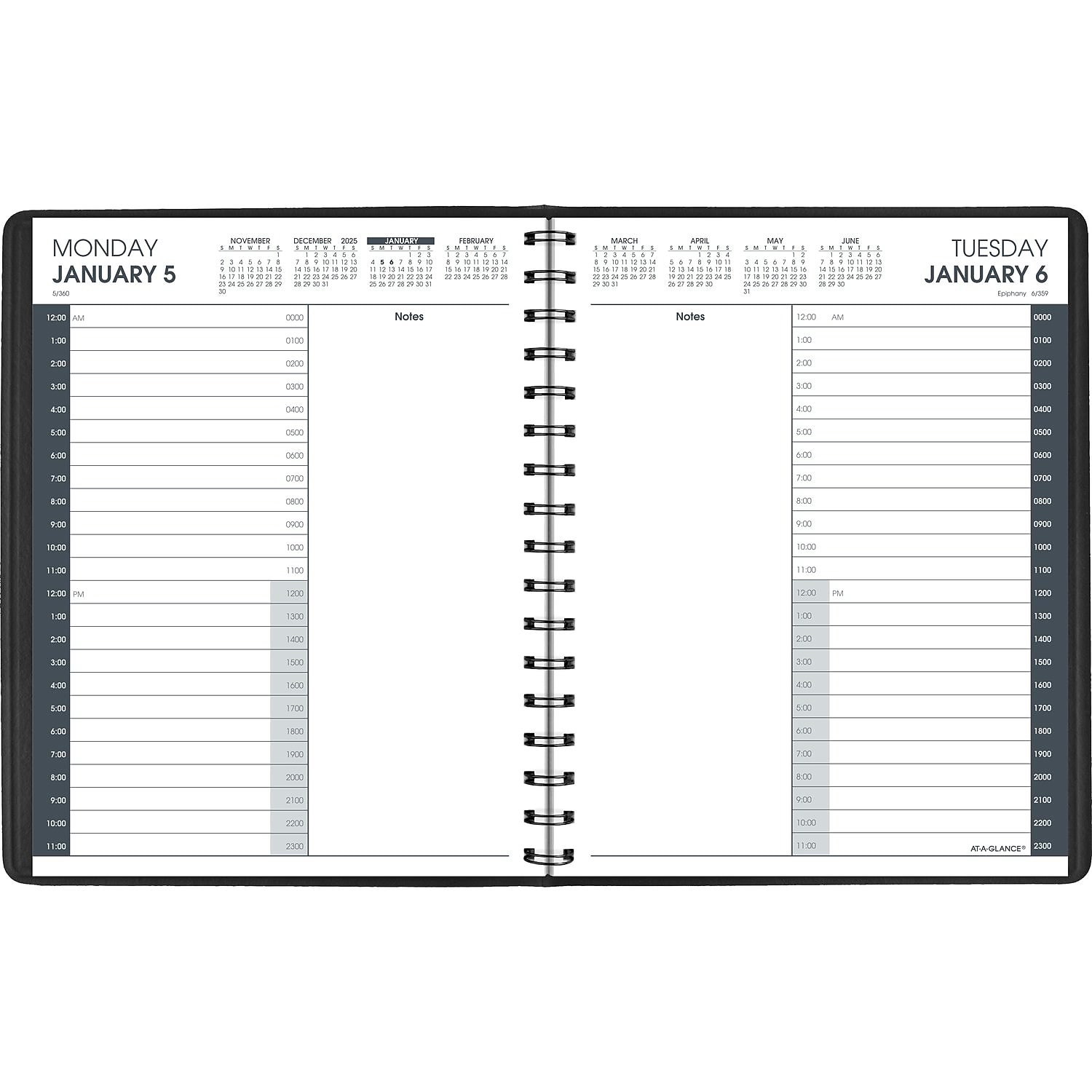 2026 AT-A-GLANCE 24-Hour 7" x 8.75" Daily Appointment Book Planner Faux Leather Cover Black