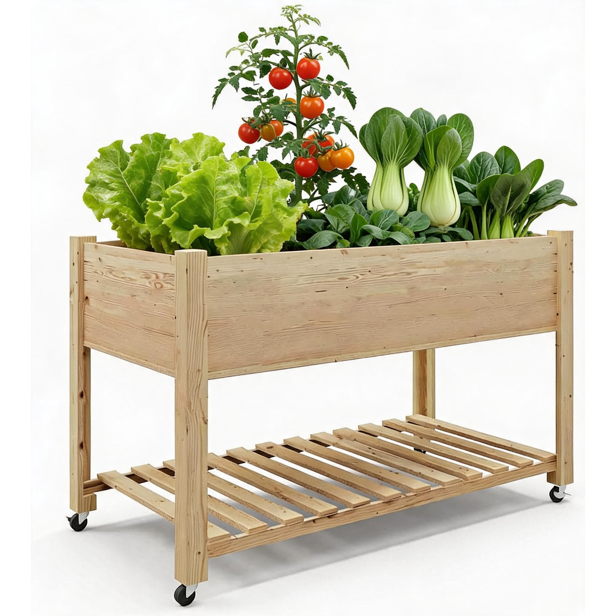 Mobile Raised Garden Bed with Lockable Wheels – Reinforced Wooden Planter Box with Legs Storage Shelf & Protective Liner – Large Elevated Garden Container for Vegetables Herbs Flowers