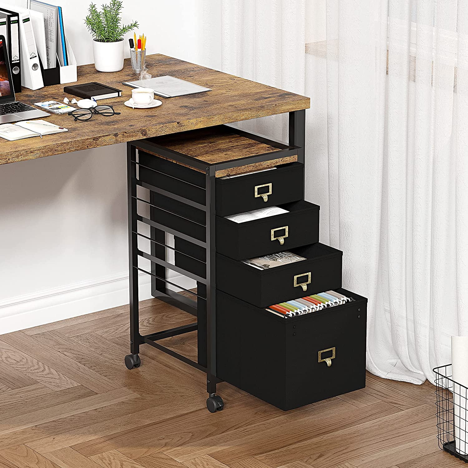 4 Drawer Filing Cabinet, Black File Cabinet Mobile Printer Stand Fits A4 or Letter Size, Fabric Vertical File Cabinet with Wheels, Nightstand End Table for Home Office, Black