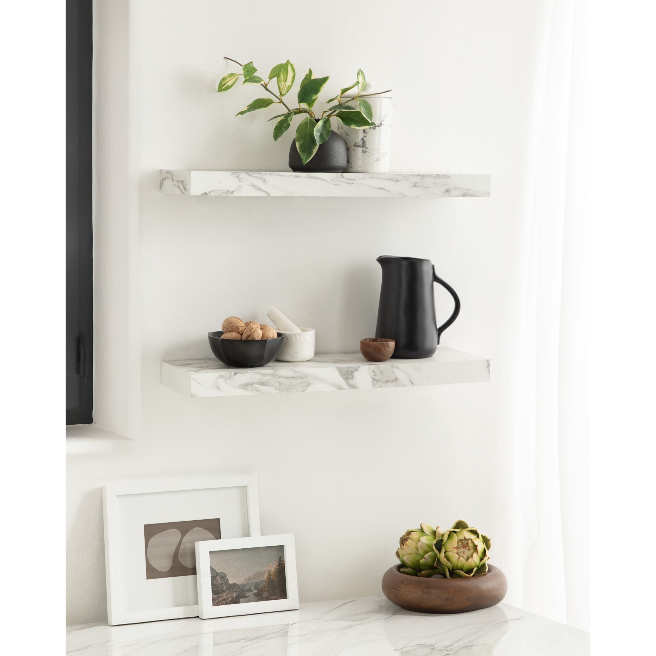 Kate and Laurel Havlock Modern Faux Marble Floating Shelves, Set of 2, 22 x 6, White, Transitional Functional Bathroom and Kitchen Shelves for Dorm Storage or Apartment Decor