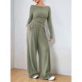 thumbnail image 5 of Women'S 2 Piece Matching Lounge Set Long Sleeve Boat Neck Top Wide Leg Pants Casual Sweatsuit Bean Green M, 5 of 9