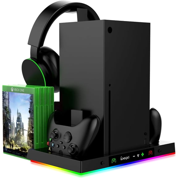 IPEGA RGB Charging Stand with Cooling Fan for Xbox Series X Console and Controller, Dual Suction Cooler Fan System Stand Accessories with 8 Game Storage Organizer, Headset Hanger, for Xbox Series X
