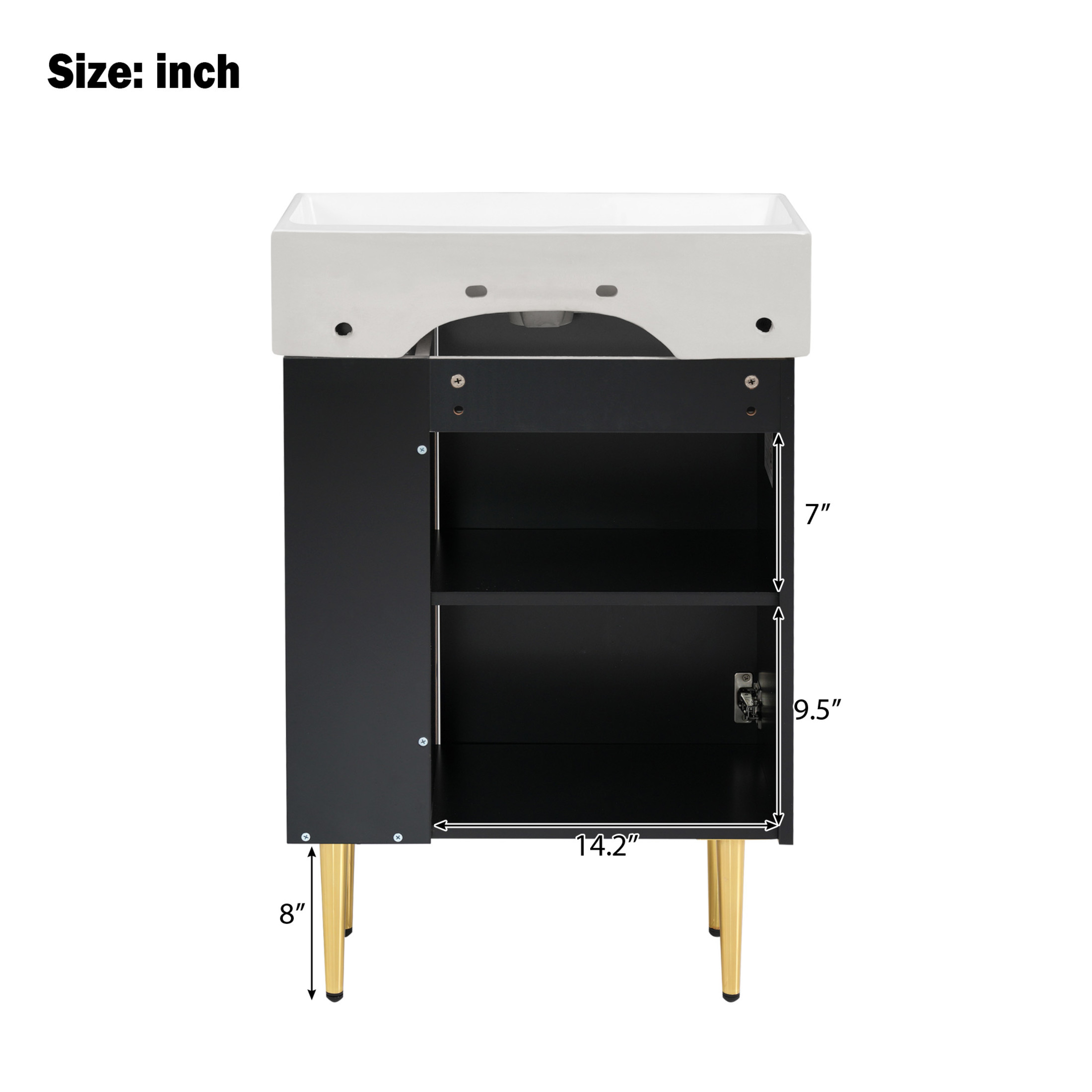 Noble House 21.6" Bathroom Vanity with Ceramic Sink, Right Side Storage Cabinet & Gold Metal Legs, Black
