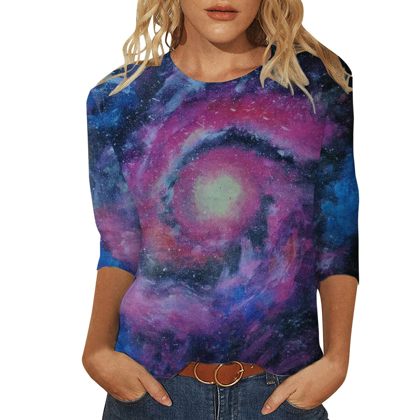 Womens Shirt Active Top Pack Women Women s 3 4 Sleeve Galaxy Starry Sky Printed Round Neck 3 4 Sleeve Top T Shirt Adult Female Clothes Purple Size L