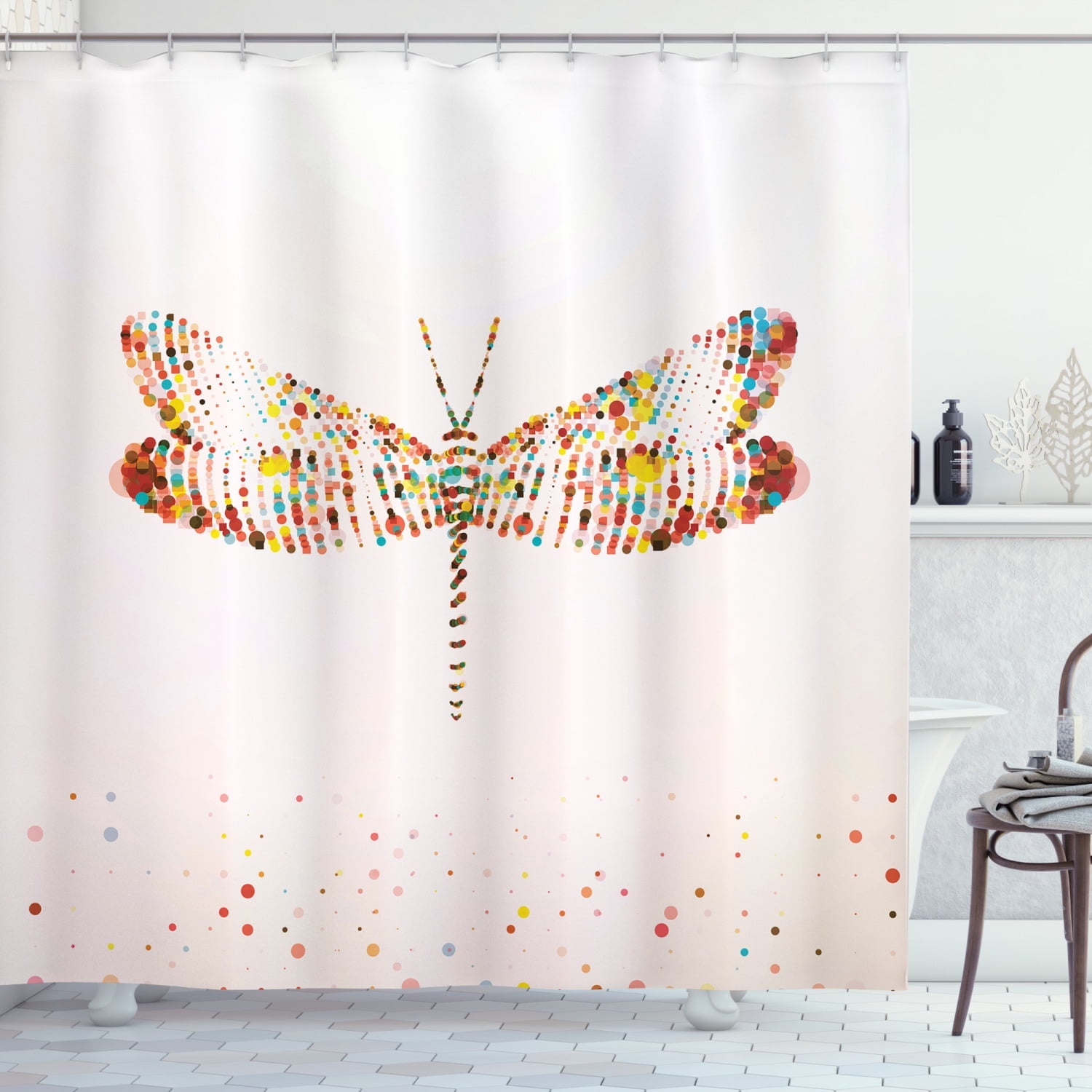 Country Decor Shower Curtain, Majestic Dragonfly Shape Created with