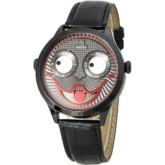 Blekon Collections Unisex 42mm Case Intricate Joker Face Genuine Leather Strap Watch