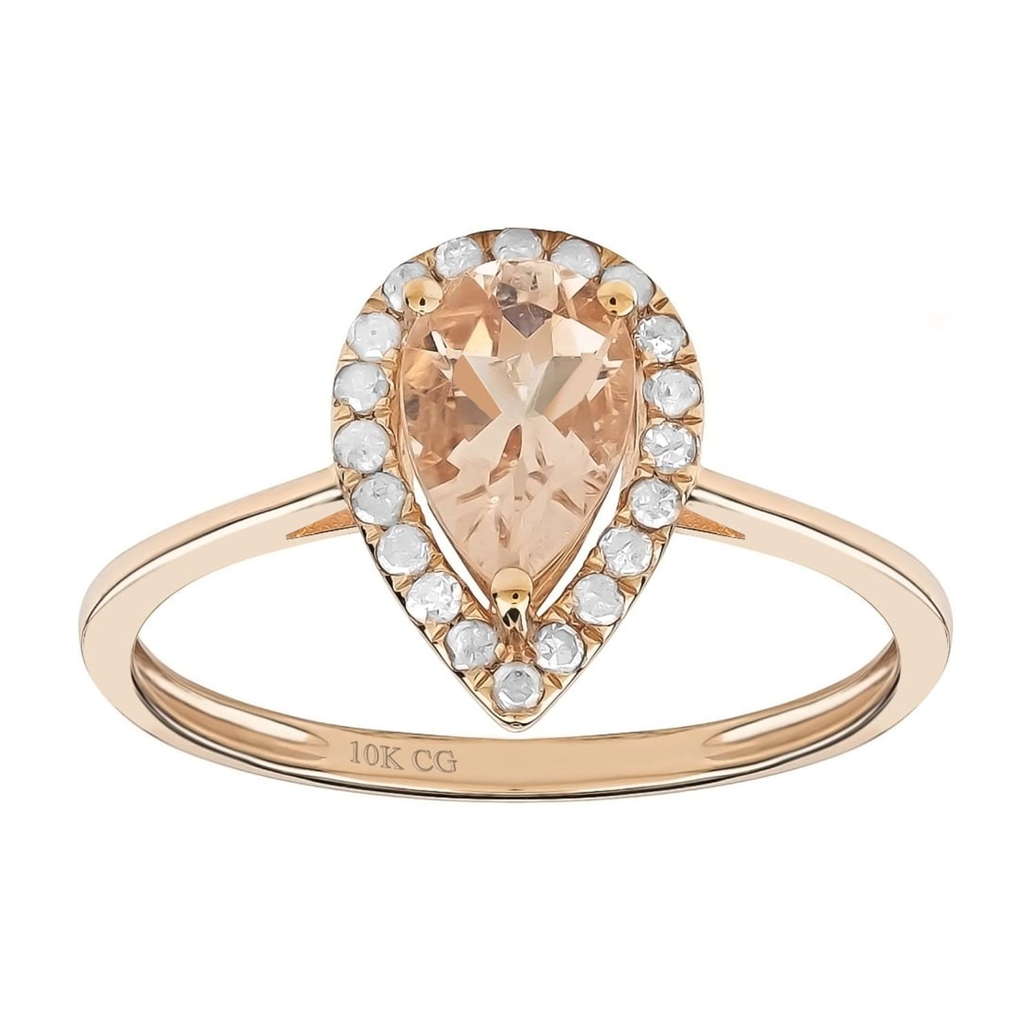 10k Rose Solid Gold Natural Pear-shape Morganite and Diamond Halo Birthstone Gemstone Engagement Ring