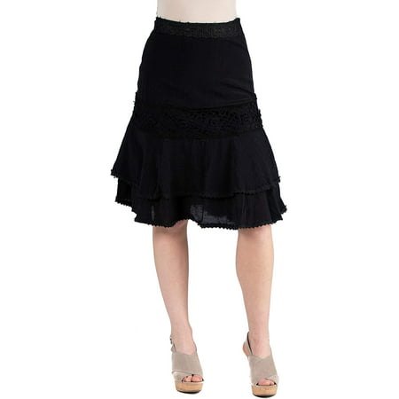 24seven Comfort Apparel Womens Crochet Trimmed Flared Skirt Black ...