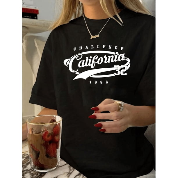 Camiseta gráfica retro de California 1986, informal, de manga corta y cuello redondo para mujer, de algodón, con estampado geométrico.