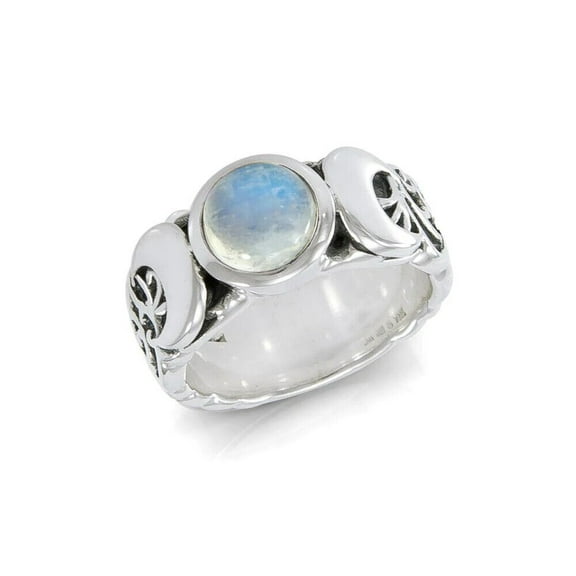 Triple Moon Rainbow Moonstone 925 Sterling Silver Ring Fine Pagan Wiccan Jewelry
