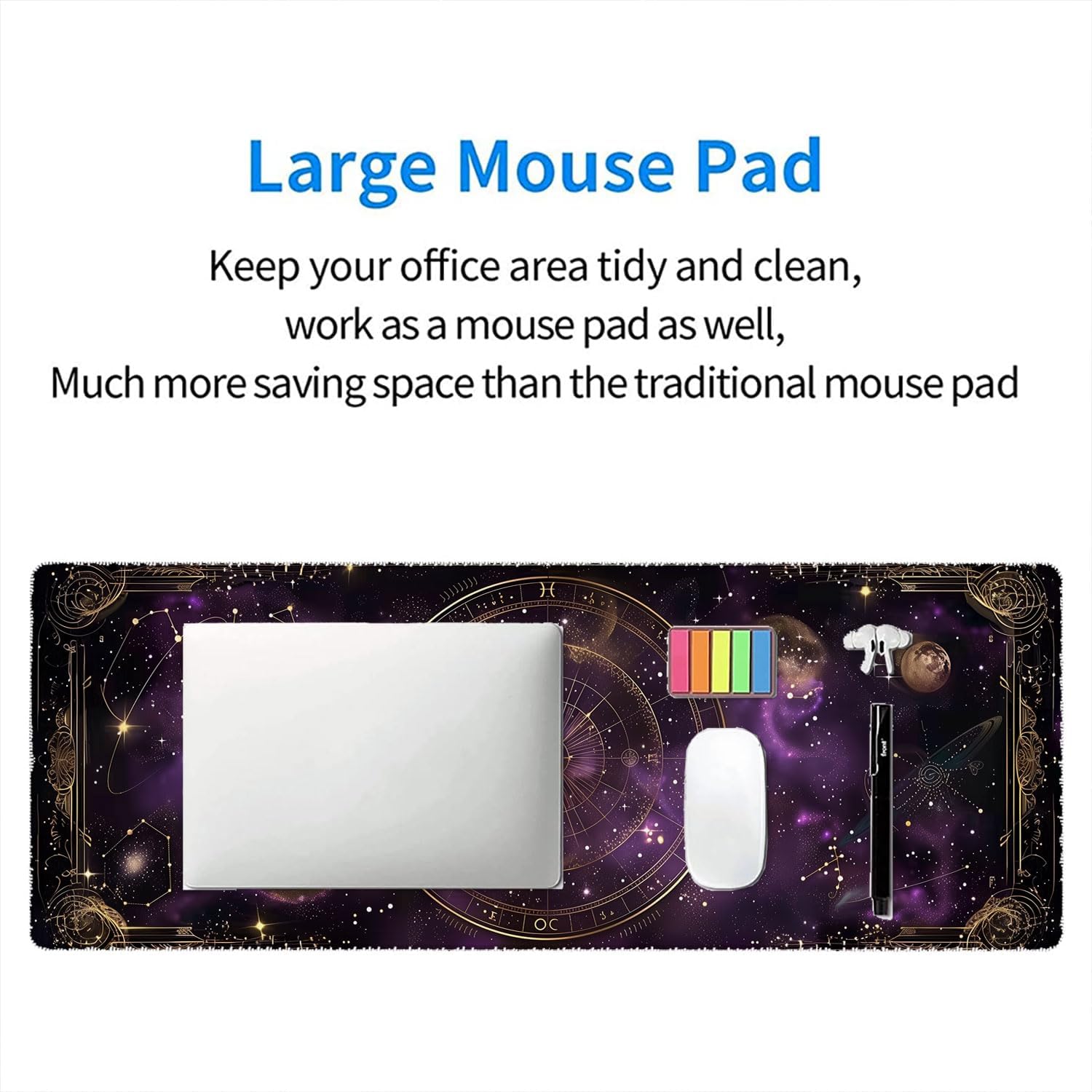 Purple Star Moon Card Desk Pad Mouse Pad Mysterious Galaxy Large Gaming Mouse Mat with Stitched Edges,Non-Slip Waterproof Rubber Base Mous Mat 31.5"x11.8" Office Computer Keyboard Laptop Home