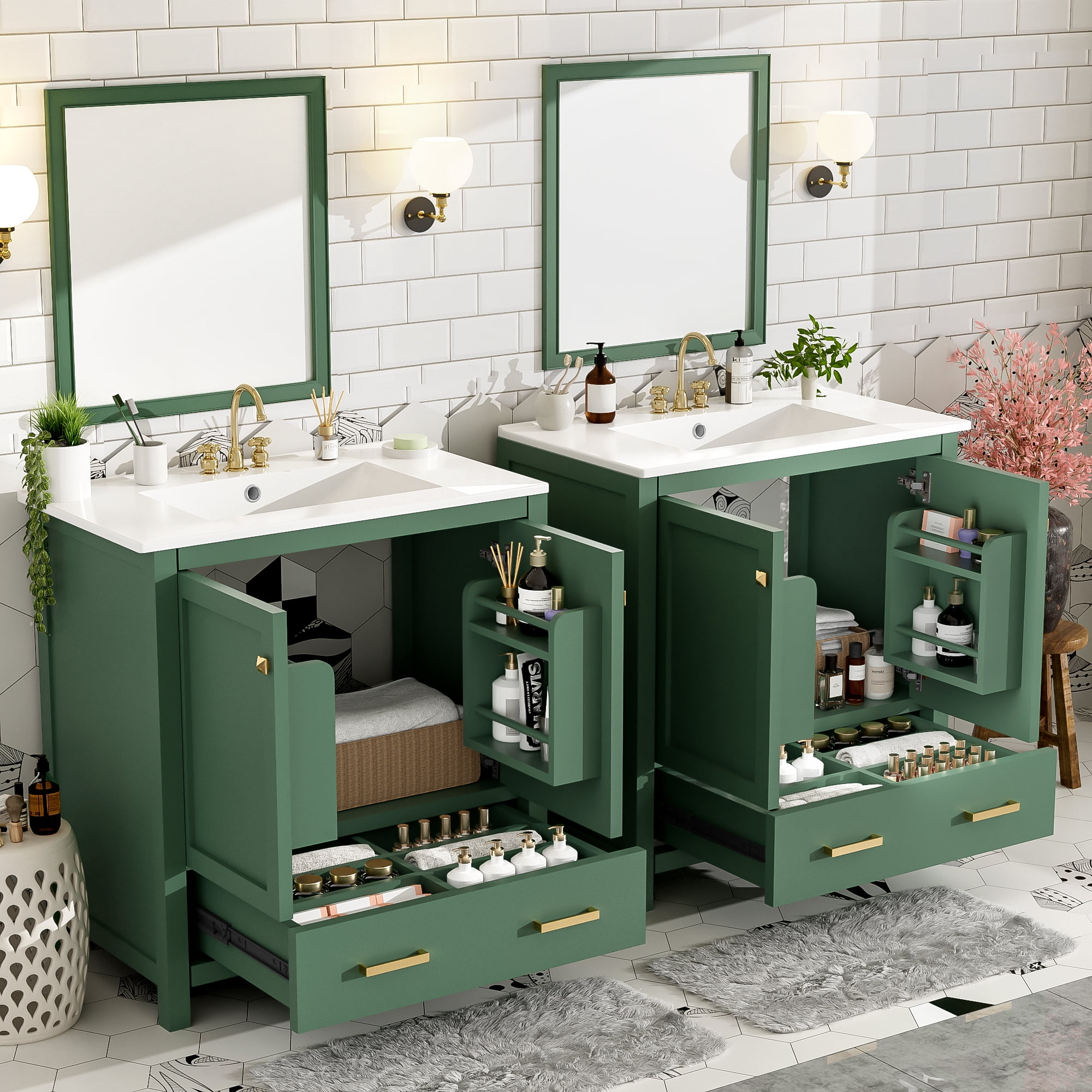 Euroco 60" Green Bathroom Vanity Set with Double Vanities (Separate), Double Ceramic Sinks, Storage Shelf, and Divided Drawers (Mirror not included)– Modern Bathroom Solution for Spacious Bathrooms