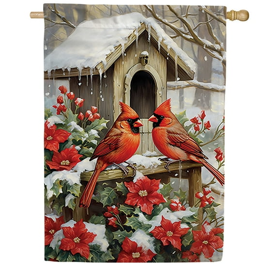 America Forever Cardinal Winter House Flag, 28 x 40 inch Double Sided, Birdhouse Snow Banner, Poinsettia Holiday Outdoor Decor, Festive Outside Decorations Yard Flag