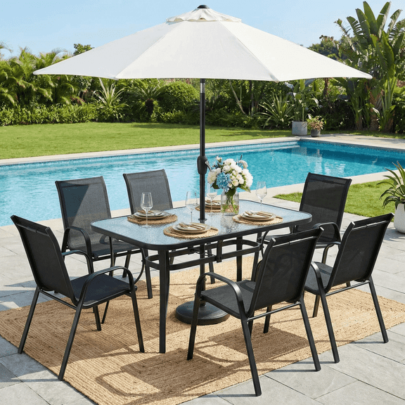 TLSUNNY Outdoor Dining Set, Patio Glass Table and 6 Chairs Set, w/ Umbrella Hole, Stackable Chairs, Outdoor Furniture for Backyard, Porch, Garden