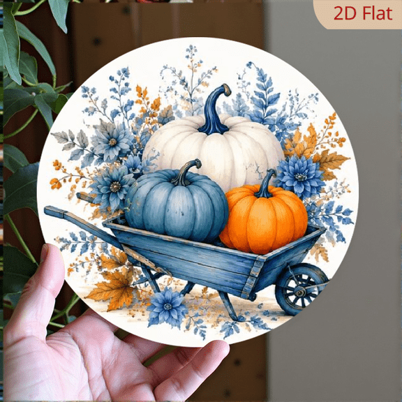 Vintage Blue Orange White Pumpkin Wreath Wall Decor - 8x8 Inch Round Fall Harvest Aluminum Sign Suitable for IndoorOutdoor, Porch, Farmhouse - Rustic Pumpkin Wreath Decoration