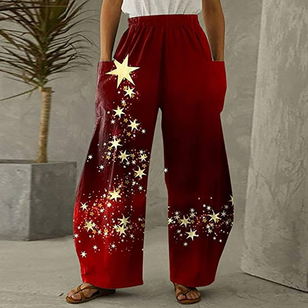 Pntutb Pantalones sueltos casuales vintage con estampado navideño para mujer Pantalones de pierna ancha casuales Pantalones Pntutb Pntutb-6607
