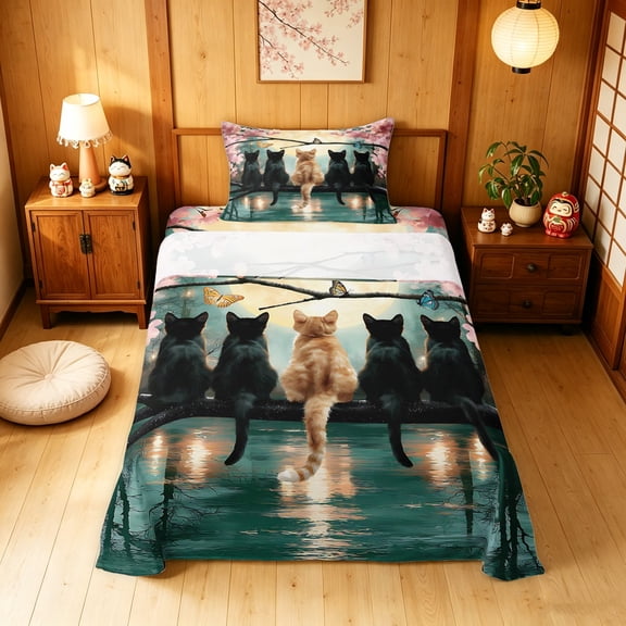 Manfei Cartoon Cat Twin Sheets, Tokyo Blossoms Floral Bedding, Pink Teal, 3pcs, 1 Flat Sheet, 1 Fitted Sheet and 1 Pillowcase