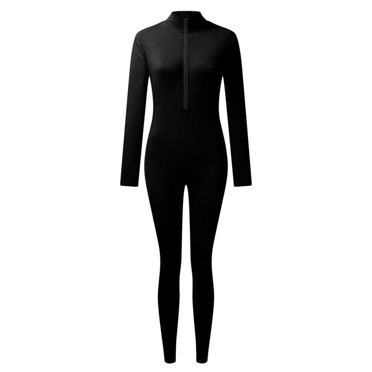 Womens Jumpsuits Zipper V Neck Long Sleeve Bodysuit Catsuit Sport Jumpsuits  for Women