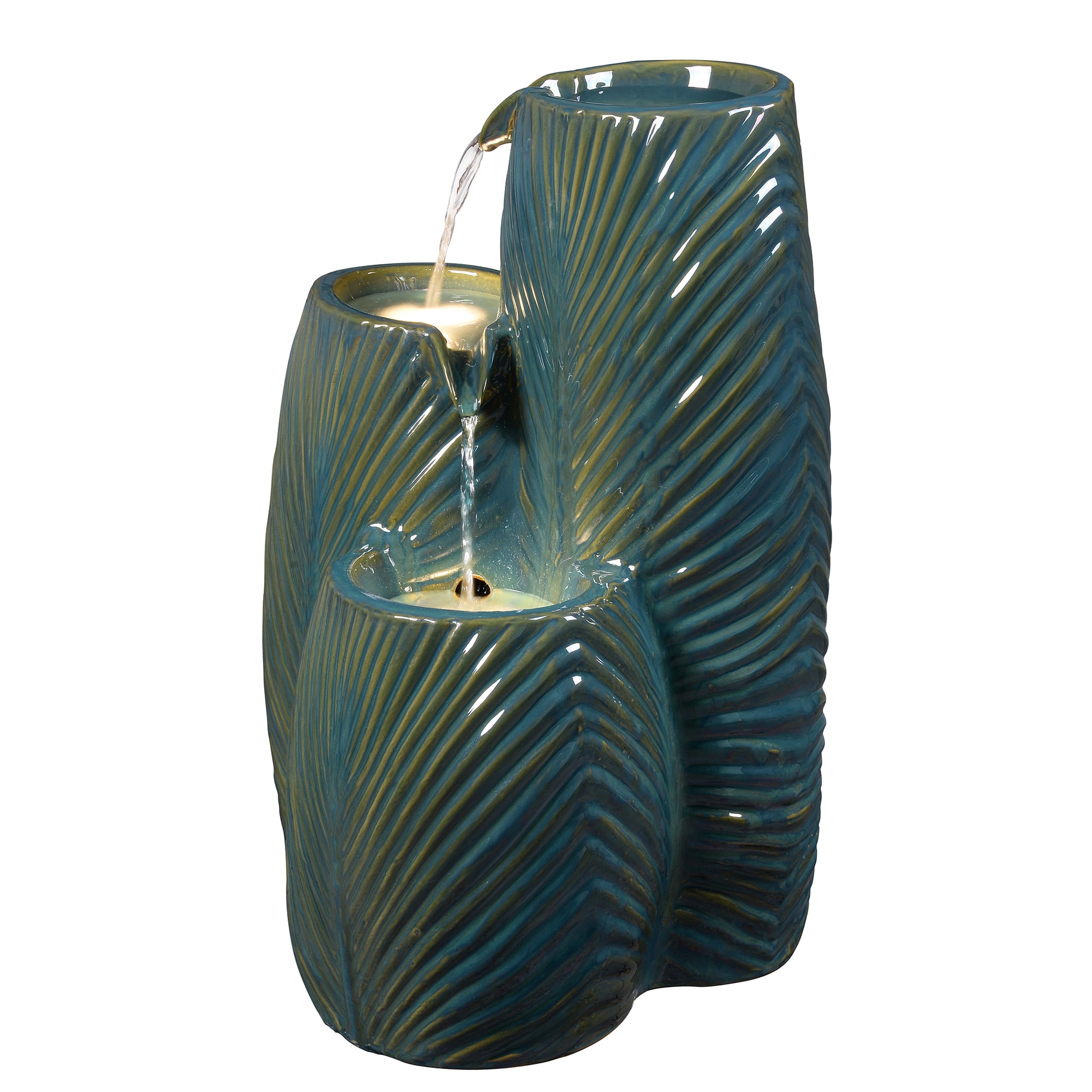 Green Ceramic Tiered Leaf Cascade Fountain, Decorative Water Fountain with LED Lights and Quiet Pump, Indoor Outdoor Water Feature for Patio, Garden, Deck, Balcony, Office and Home Décor