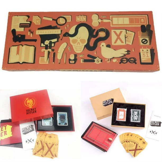 La versión en inglés del juego de mesa SECRET HITLER revela las tres cartas del juego de rompecabezas de Hitler