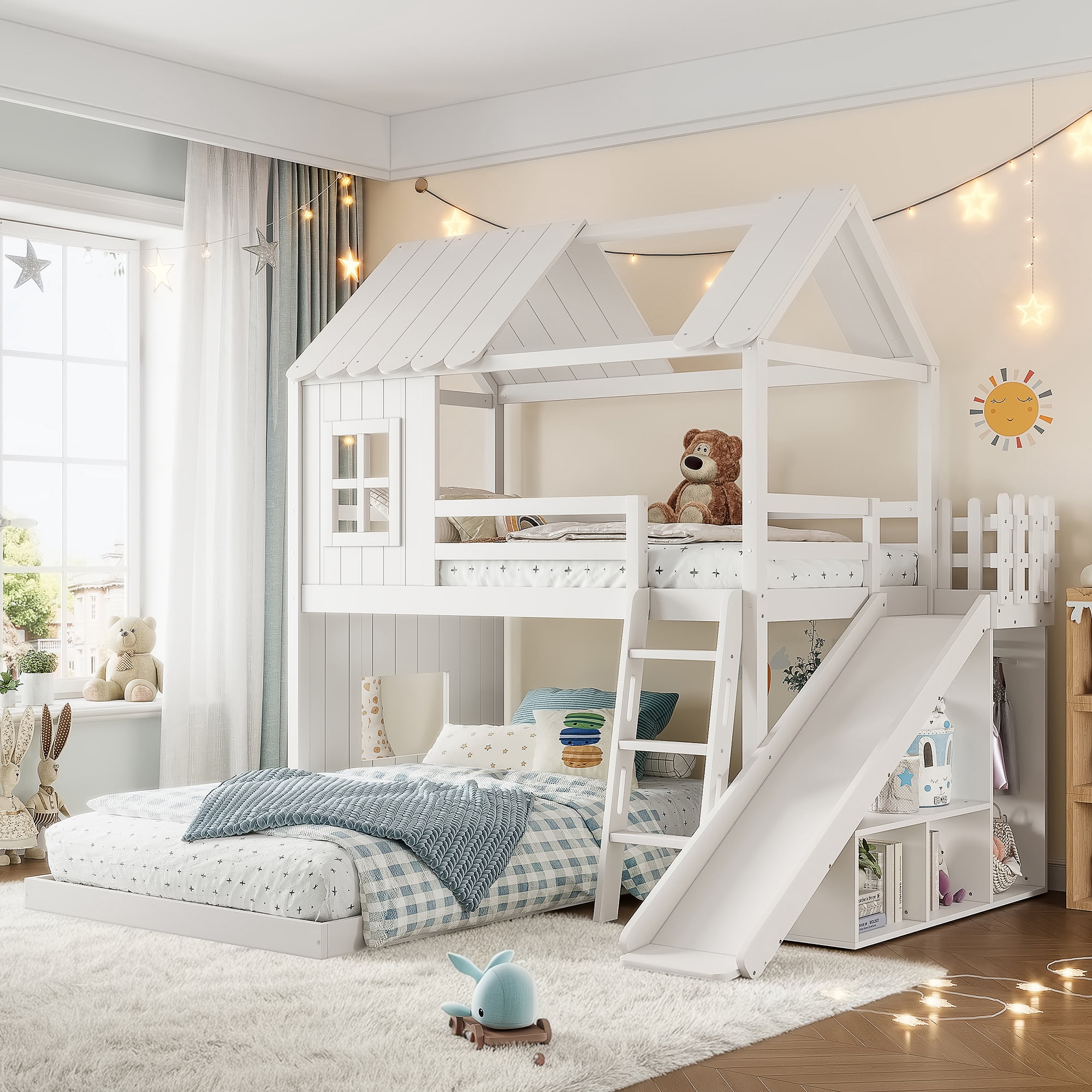 Leumius Twin over Full House Bunk Bed with Ladders and Slides, House Floor Bunk Bed Frame with Storage Shelves and Wardrobe, Playhouse Design for Boys Girls White