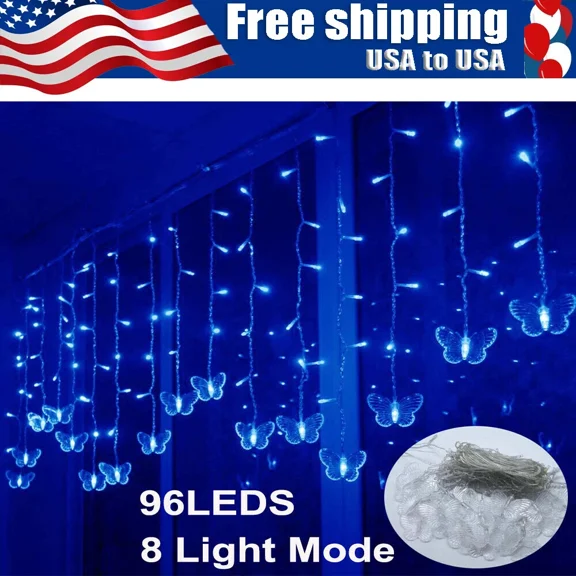 96 Led Hanging Butterfly Curtain Lights Outdoor Fairy Xmas String Wedding Lamp