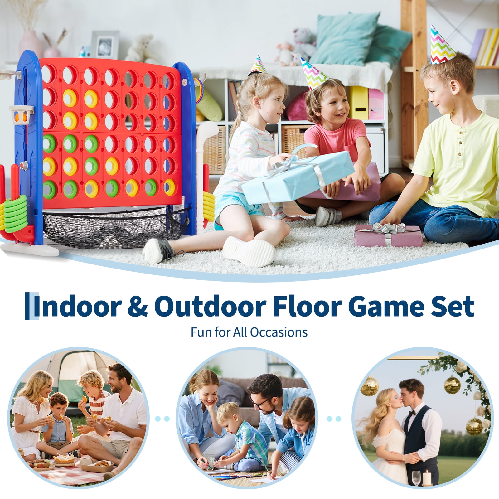4-in-1 Giant Floor Board Game Set – Adjustable Height Connect, Basketball, Golf, Ring Toss – Mesh Storage Bag – Indoor/Outdoor Family Game for Kids & Adults – USA Version