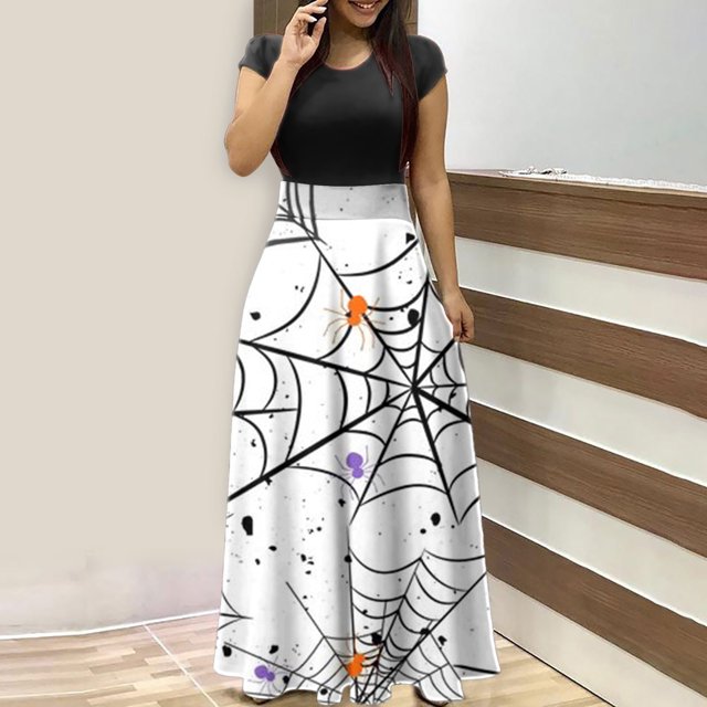 TIMIFIS Robe Longue Maxi d'Halloween pour Femmes Manches Courtes Col Rond Taille Haute Robe Longue Fluide Tendance Graphique Fête Automne/hiver