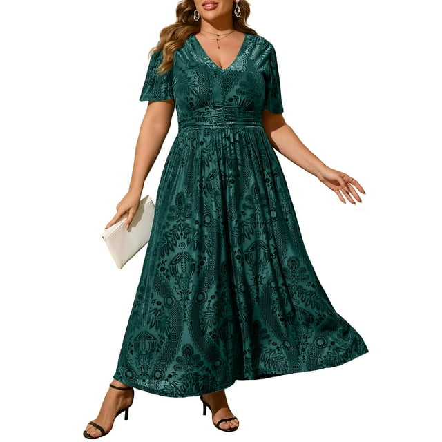 Vestido Simplee para mujer, cuello en V, talla grande, terciopelo 3XL, verde oscuro