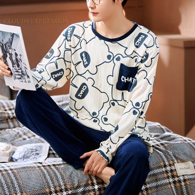 Printemps Automne Plus 5TG Pyjama Tricoté pour Hommes à Carreaux Ensembles de Pyjamas Décontractés Mode Nuit
