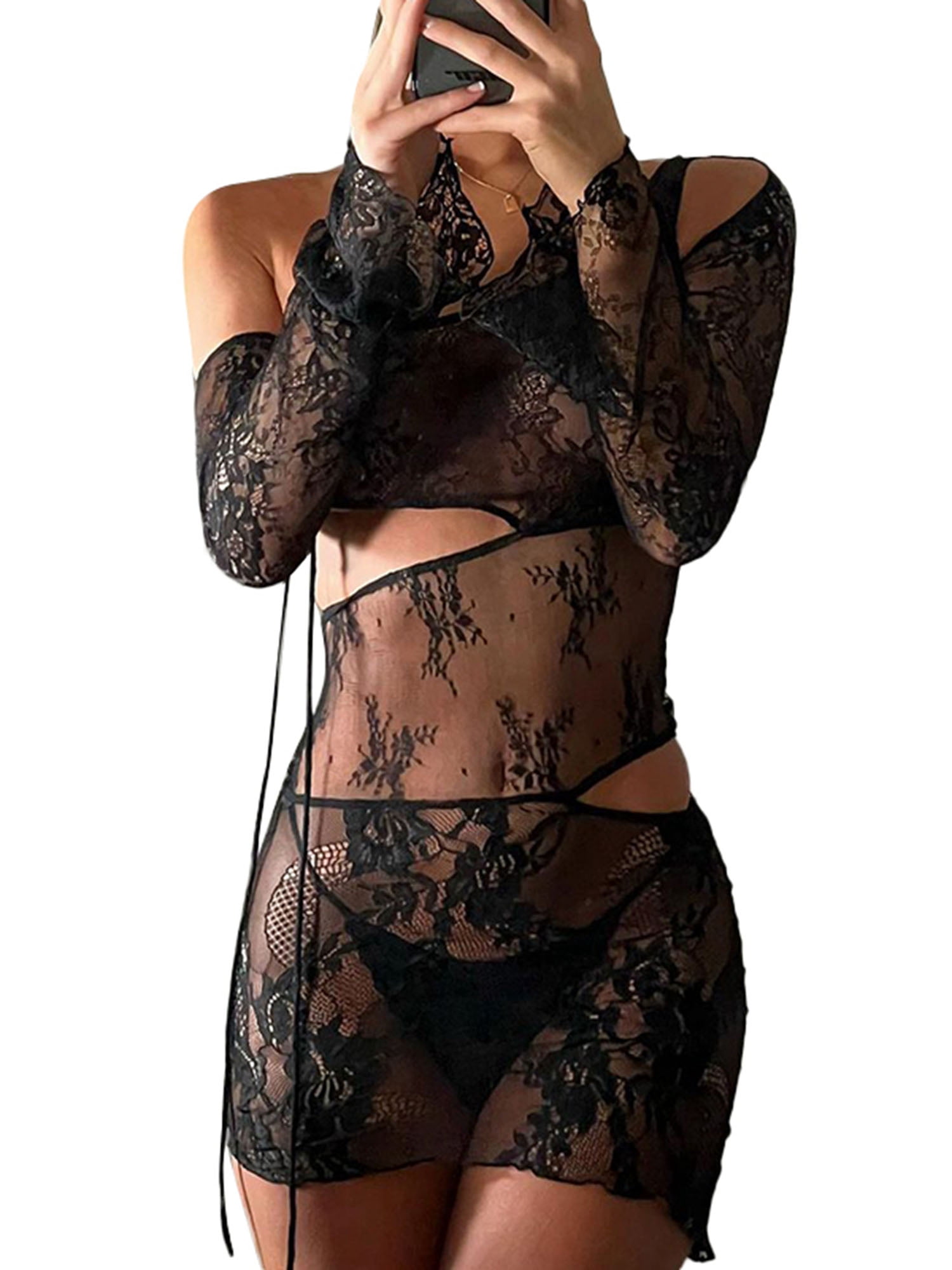 Douhoow Black Lace Mesh Dresses for Women See Through One Shoulder Mini