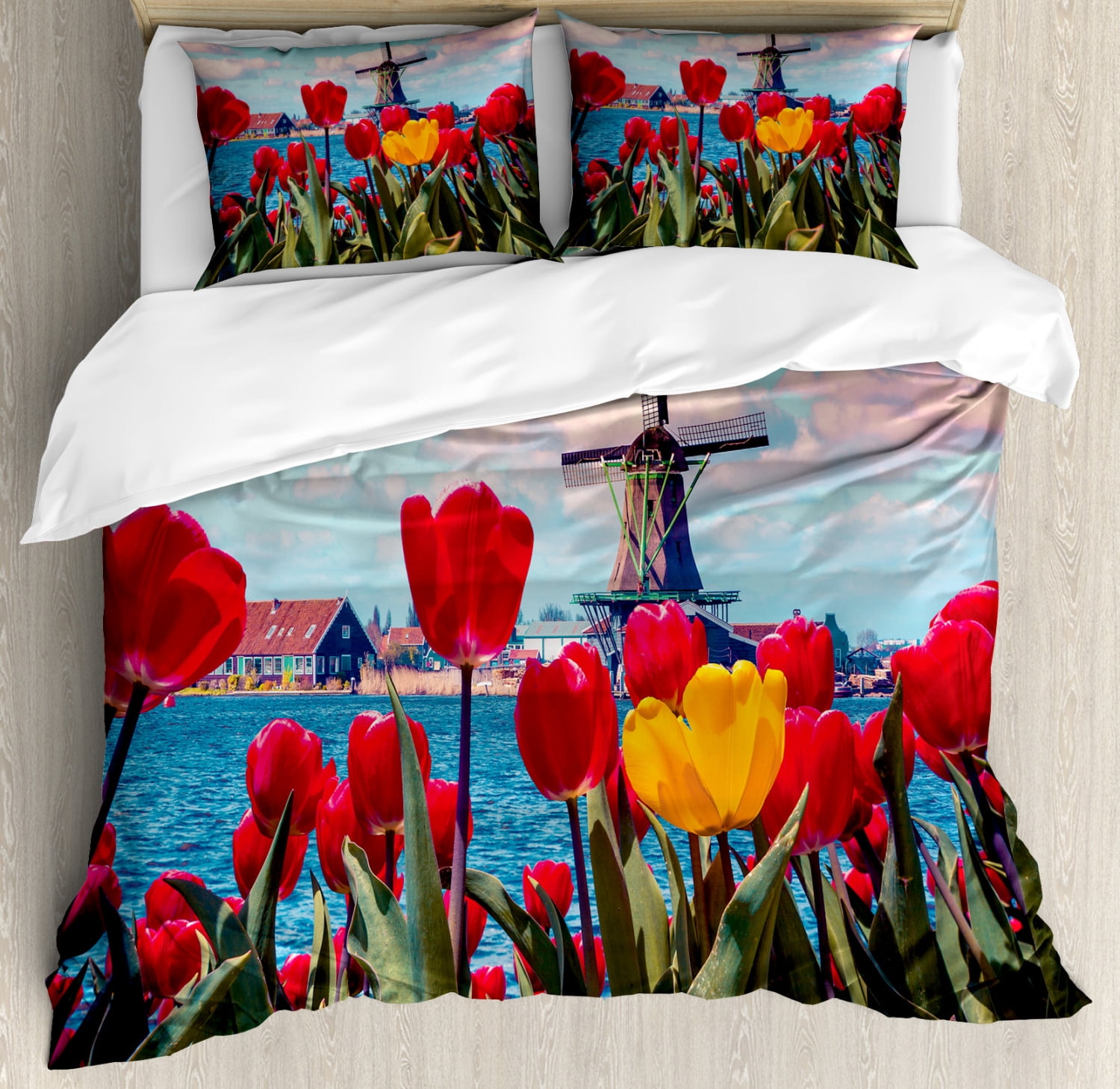 Amsterdam Duvet Cover Set Queen Size, Idyllic Spring Morning Photo with