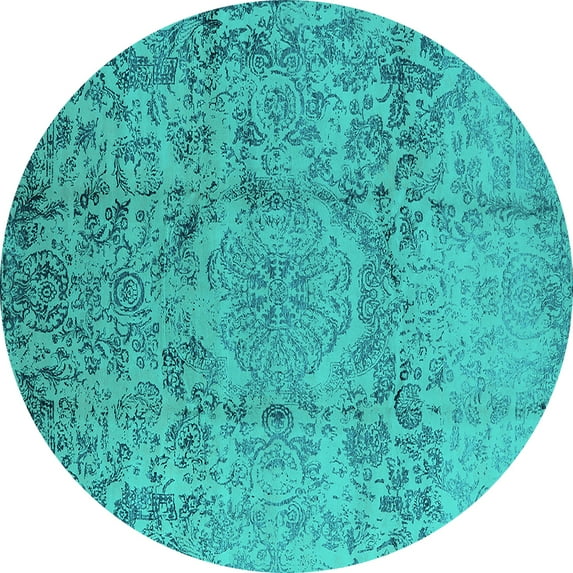 Ahgly Company Machine Washable Indoor Round Oriental Turquoise Blue Industrial Area Rugs, 6' Round