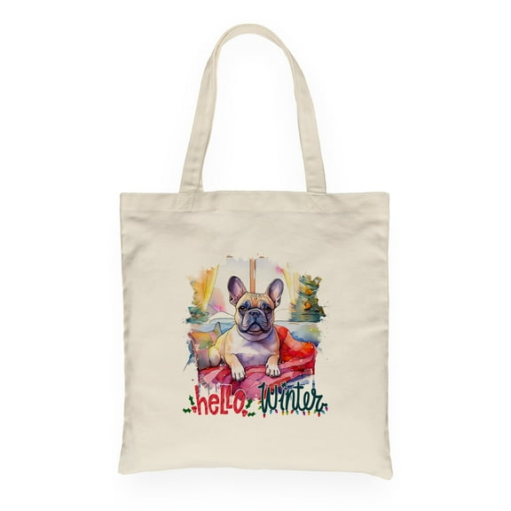 Watercolor Hello Winter French Bulldog Chill Christmas Welcome Canvas Tote Bag Dog Lover Gifts Reusable Shopping Grocery Bag - 00016