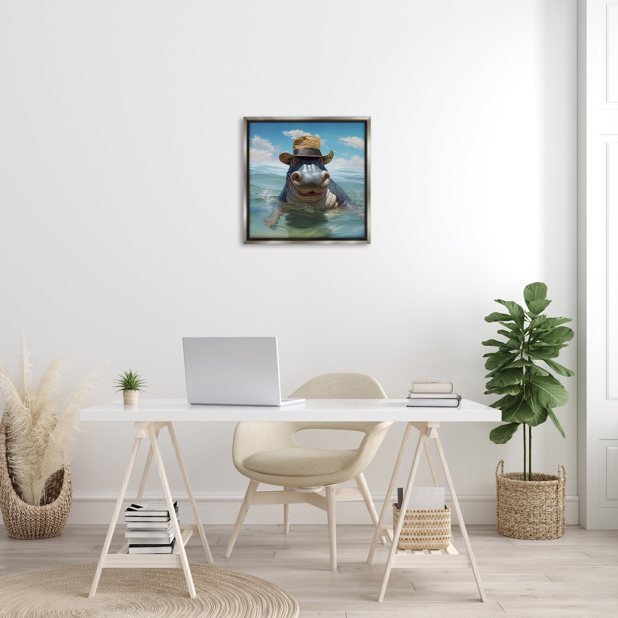 Stupell Industries Hippo with Trendy Hat Animals & Insects Painting Gray Floater Framed Canvas Art Print Wall Art, 25 x 25