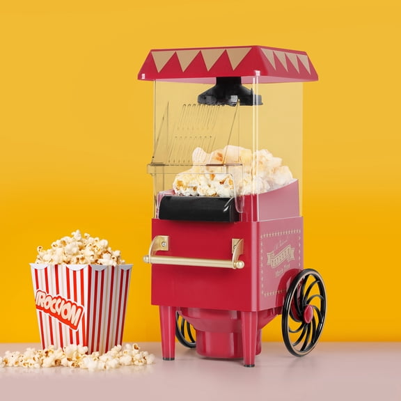 Vintage Cart Mini Popcorn Maker, Hot Air Electric Popcorn Machine, Oil-Free Popcorn Popper for Home Movie Night Birthday Party
