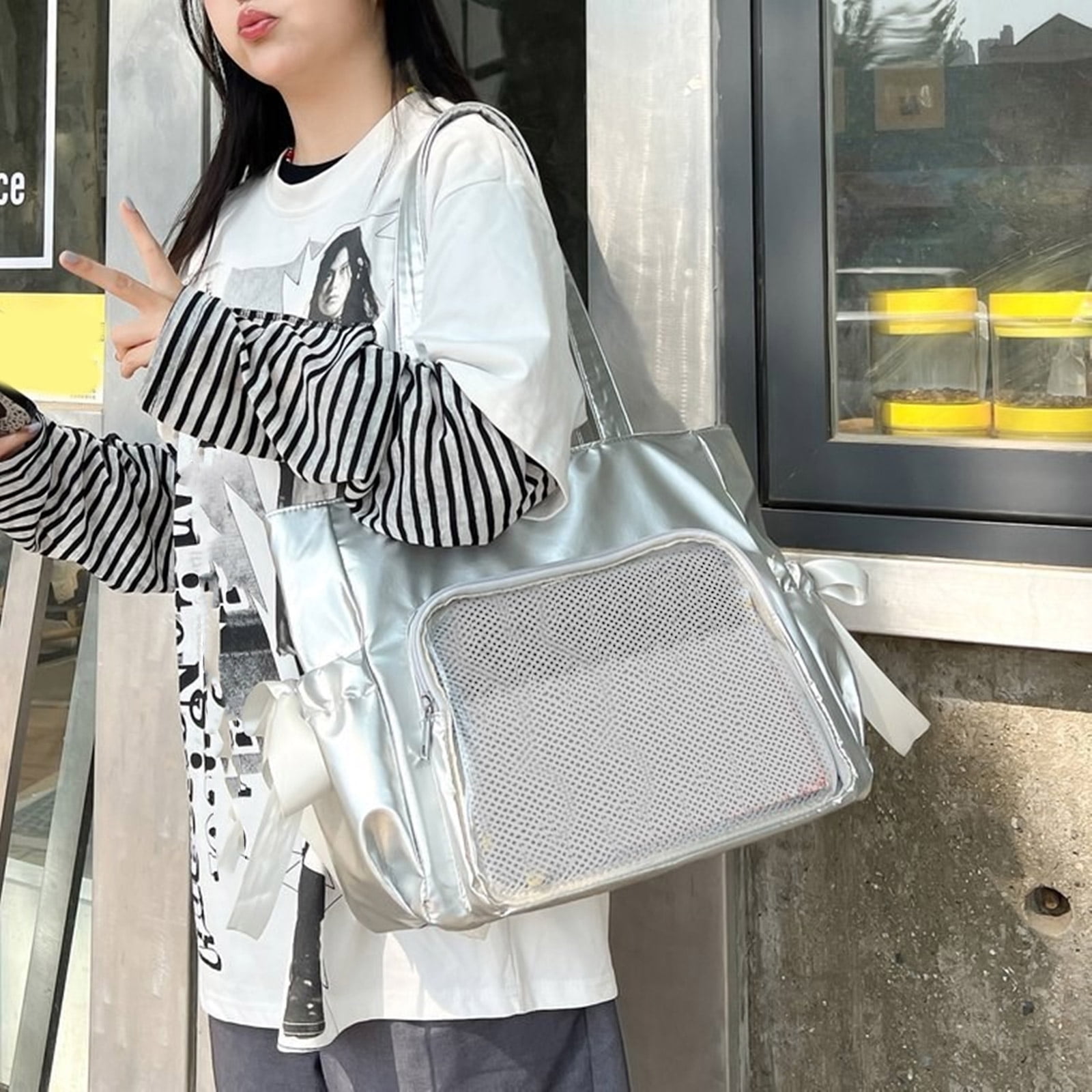 Unique Nylon Itabag with Clear Window Pin Display Bags Versatile Shoulder Purse Casual Handbag for Daily Use and Cosplay