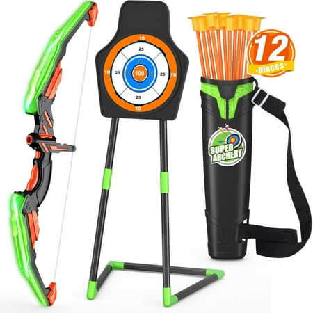 Bow and Arrow for Kids LED Light Up Archery Set with 12 Suction Cup Arrows 1 Standing Target 3 Score Targets & 1 Quiver Indoor Outdoor Sport Gifts for Boys Girls Ages 4-12 Green