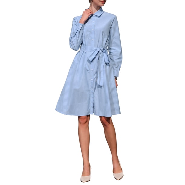 VESTIDO MIDI DE CAMISA A RAYAS CON MANGA LARGA Y CINTURÓN PARA MUJER INSPIRE CHIC, TALLA XL, AZUL