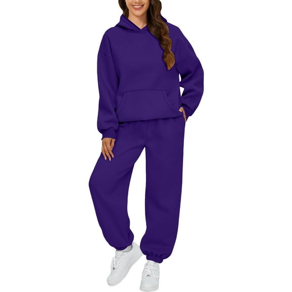 Womens 2 Piece Outfits Lounge Hoodie Sweatsuit Sets Oversized Sweatshirt Baggy Fall Comfy Sweatpants with Pockets 2025 Dark Purple S